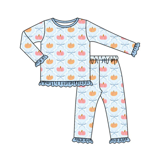 Preorder (moq 5)Baby Girls Blue Long Ruffle Sleeves Bows Pumpkins Plaid Top Pant Pajamas Set 6.21