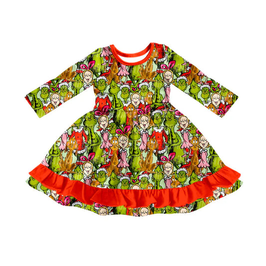 Preorder (moq 5)Baby Girls Green Faces Miss Christmas Ruffle Knee Length Dresses 8.30