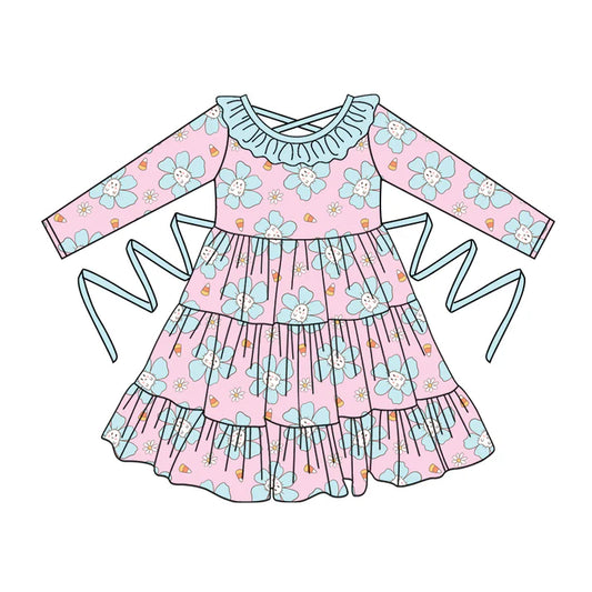 Preorder moq 5 Baby Girls Pink Long Sleeves Blue Flowers With Belt Ruffle Knee Length Dresses 5.2