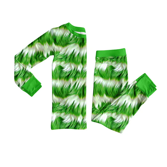 Preorder(moq 5) Baby Girls Long Sleeves Green White Fur Print Top Pants Pajamas Set 7.22