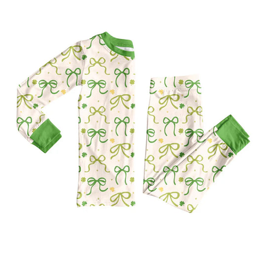 Preorder (moq 8)Baby Girls Green Bows Clovers Top Pants St Patrick Pajamas Sets 9.13