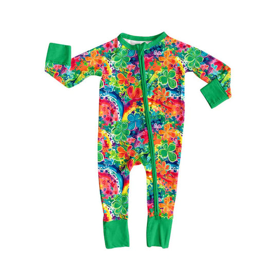 Preorder (moq 5)Baby Girls Long Sleeve Colorful Clover Flowers St Patrick Zipper Footie Rompers 10.4