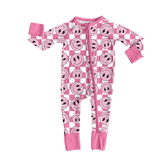 Preorder(moq 5)Baby Infant Western Pink Checkered Smiles Zipper Footie Rompers 8.11