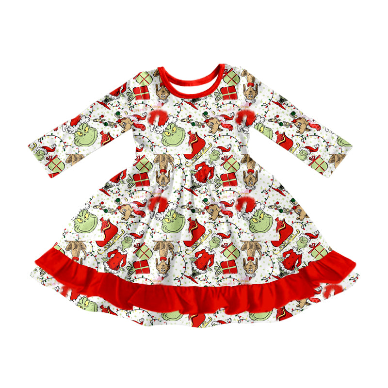 Christmas Baby Girls Dress Long Sleeve Ruffle Knee Length Dresses Preorder MOQ 5