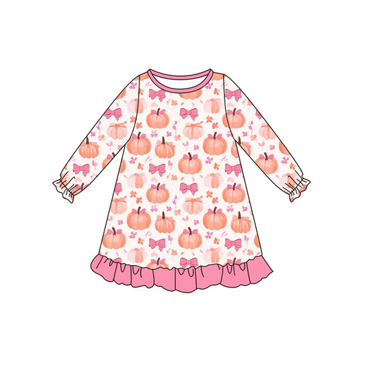 Preorder (moq 5)Baby Girls Long Ruffle Sleeves Pink Bows Pumpkins Knee Length Dresses 6.12