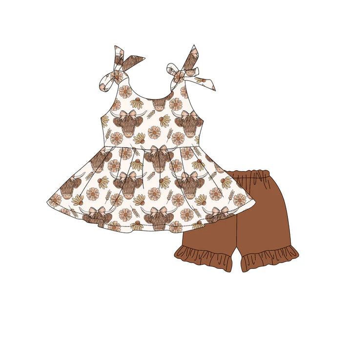 Preorder moq 5 Baby Girls Strap Highland Cows Flowers Tunic Brown Ruffle Short Set 4.18