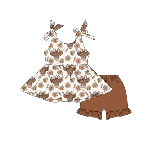 Preorder moq 5 Baby Girls Strap Highland Cows Flowers Tunic Brown Ruffle Short Set 4.18