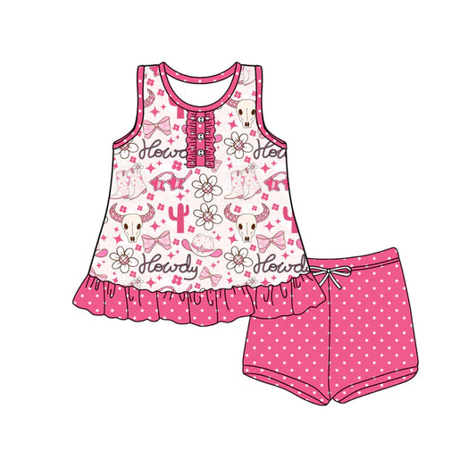 Preorder (moq 5)Baby Girls Sleeveless Bull Skull Flowers Button Vest Top Polka Dots Shorts Set 6.2