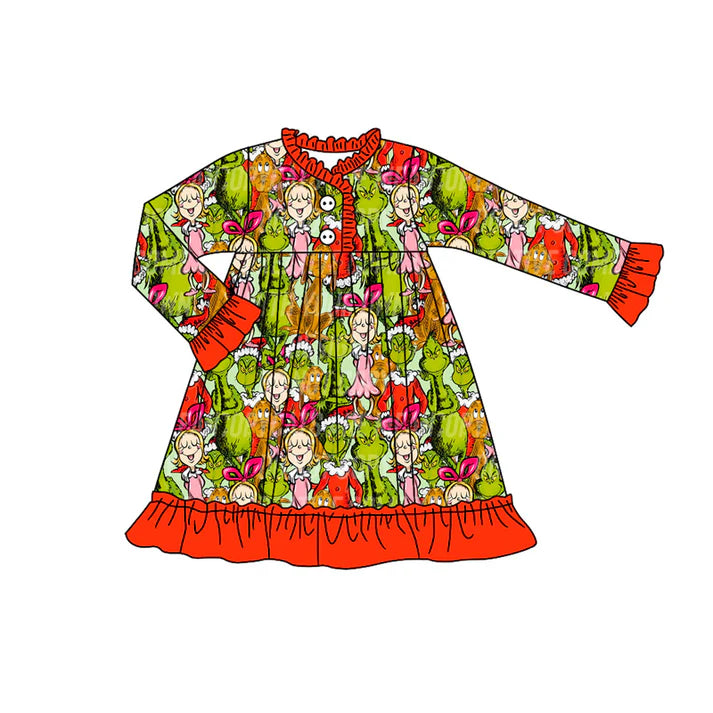 Preorder (moq 5)Baby Girls Green Faces Miss Christmas Button Ruffle Knee Length Dresses 8.30