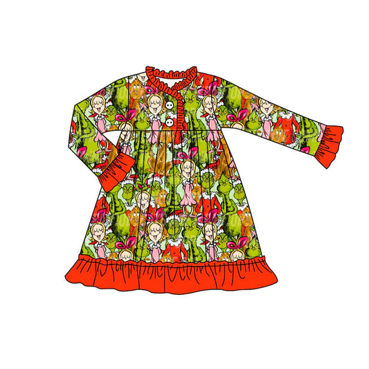 Preorder (moq 5)Baby Girls Green Faces Miss Christmas Button Ruffle Knee Length Dresses 8.30