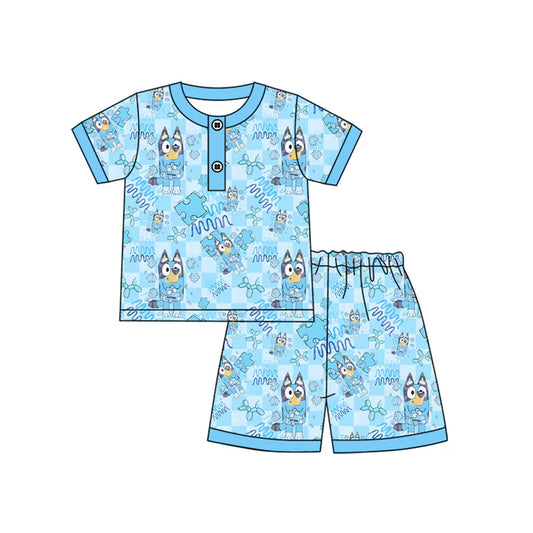 Preorder moq 5 Baby Boys Blue Short Sleeves Cartoon Dogs Button Top Short Pajamas Set 4.14