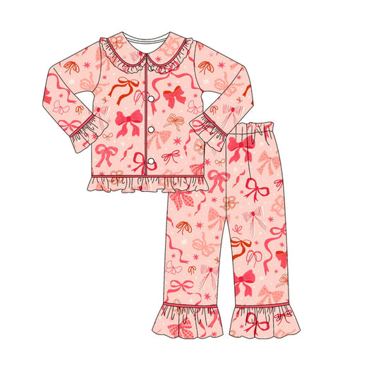 Preorder (moq 8)Baby Girls Peach Stars Bows Button Top Pants Valentine Pajamas Sets 9.22