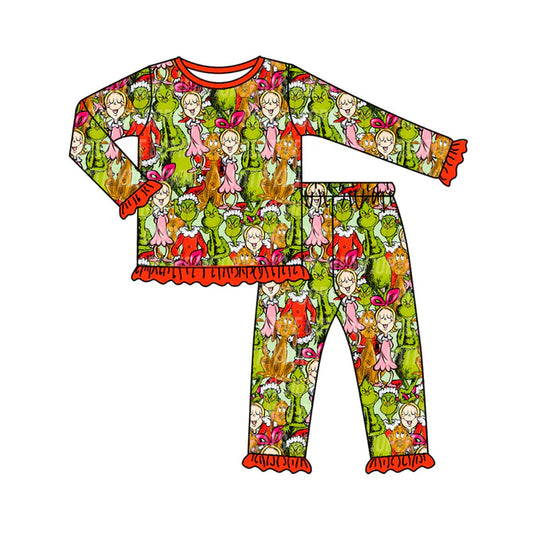 Preorder (moq 5)Baby Girls Green Faces Miss Top Pants Christmas Pajamas Clothes Set 8.30