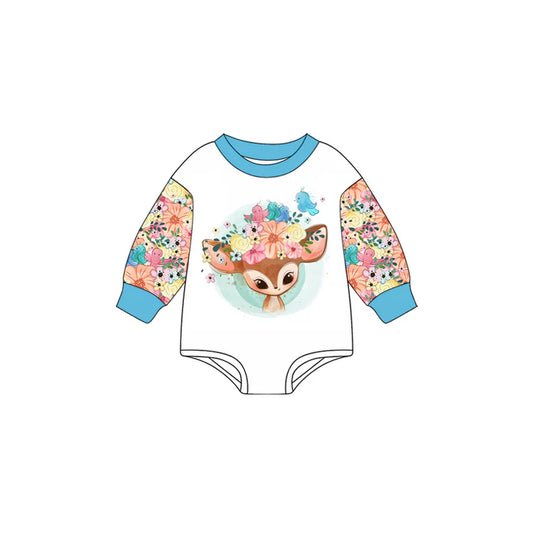 Preorder (moq 5)Baby Girls Blue Long Sleeves Flowers Deer Birds Romper 7.2