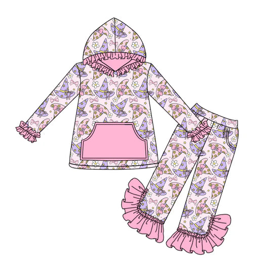 Preorder (moq 5)Baby Girls Pink Long Ruffle Sleeves Magic Hats Flowers Pocket Hoodies Pant Set 6.17
