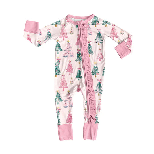 Preorder(moq 5)Baby Girls Christmas Pink Trees Bows Zipper Footie Rompers 8.8