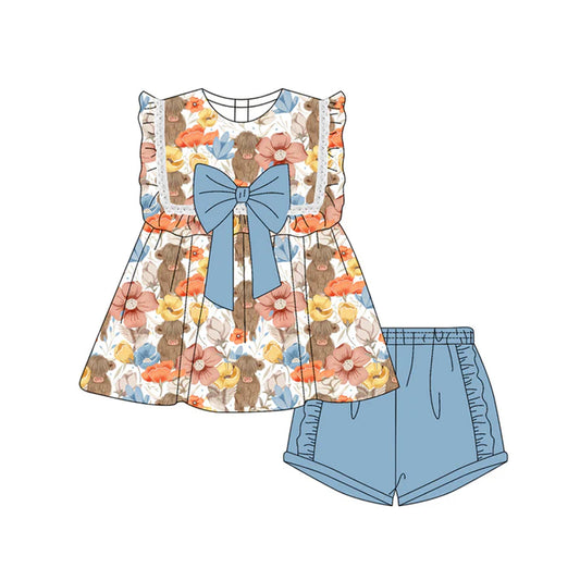 Preorder moq 5 Baby Girls Sleeveless Highland Cows Flowers Tunic Blue Ruffle Short Set 4.18