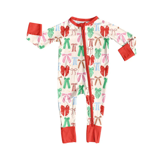 Preorder(moq 5)Baby Infant Boys Long Sleeves Green Red Bows Christmas Zipper Rompers 7.30