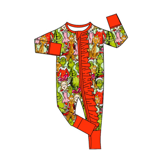 Preorder(moq 5)Baby Girls Green Faces Miss Christmas Ruffle Zipper Footie Rompers 8.30