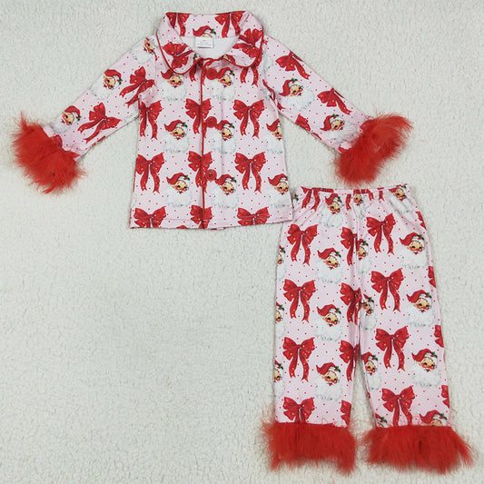 Baby Girls Pajamas Red Christmas Fur Bows Santa Button Top Pants Pajamas Sets GLP2373 6.25
