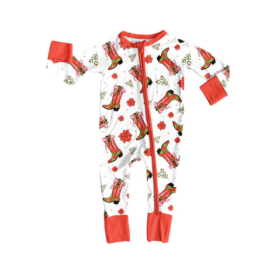 Preorder (moq 5)Baby Girls Red Long Sleeves Flowers Bows Boots Zipper Romper 7.2