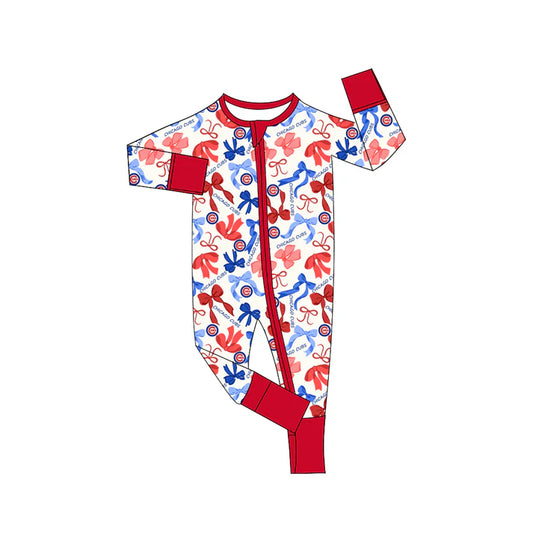 Preorder(moq 5)long sleeves C red blue bows baby team zip romper 8.22