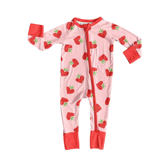 Preorder (moq 8)Baby Girls Strawberry Hearts Valentine Zipper Footie Rompers 9.18