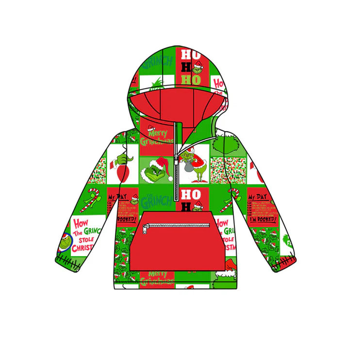 Preorder (moq 8)Baby Boys Green Faces Checked Pocket Zipper Christmas Ruffle Hoodies Top 9.10