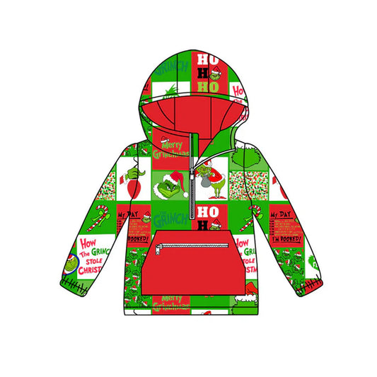 Preorder (moq 8)Baby Boys Green Faces Checked Pocket Zipper Christmas Ruffle Hoodies Top 9.10