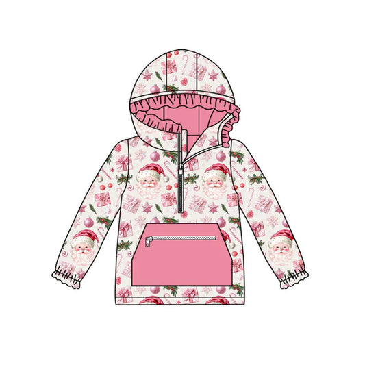 Preorder (moq 8)Baby Girls Pink Santa Lights Zipper Pocket Christmas Ruffle Hoodies Top 9.23