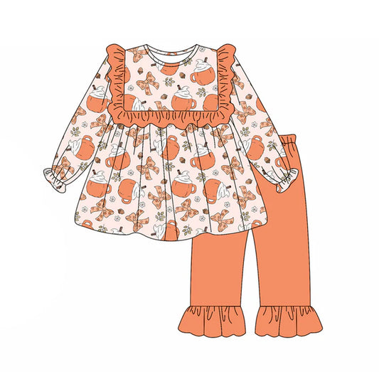 Preorder (moq 5)Baby Girls Long Sleeves Orange Bows Cake Cups Tunic Ruffle Pant Set 5.21