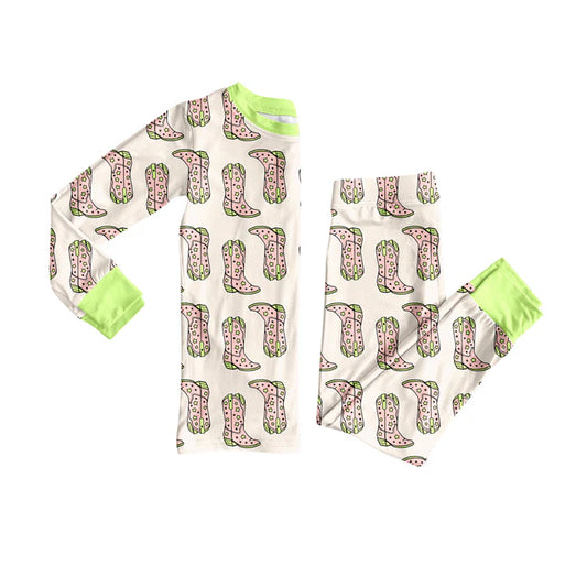 Preorder (moq 5)Baby Boys Green Stars Boots Plaid Top Pants Western Pajamas Sets 12.6