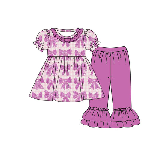 Preorder(moq 8)Baby Girls Purple Checked Bows Tunic Ruffle Pants Clothes Sets 10.1