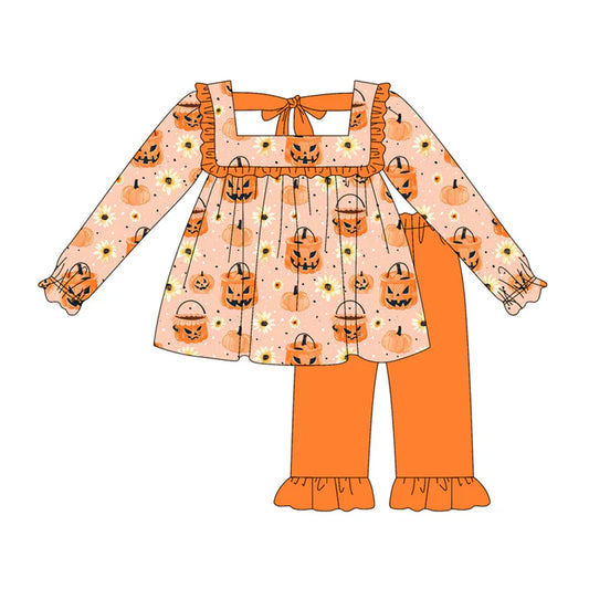 Preorder (moq 5)Baby Girls Long Sleeves Orange Pumpkins Flowers Tunic Ruffle Pant Set 5.19