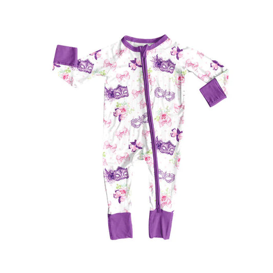 Preorder (moq 5)Baby Girls Mardi Gras Bows Flowers Masks Zipper Footie Rompers 9.3