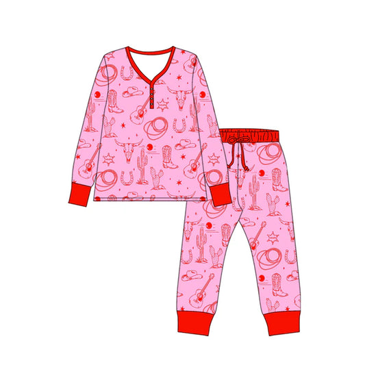 Preorder (moq 8)Baby Kids Long Sleeve Bull Skulls Cactus Top Pants Western Pajamas Sets 9.19