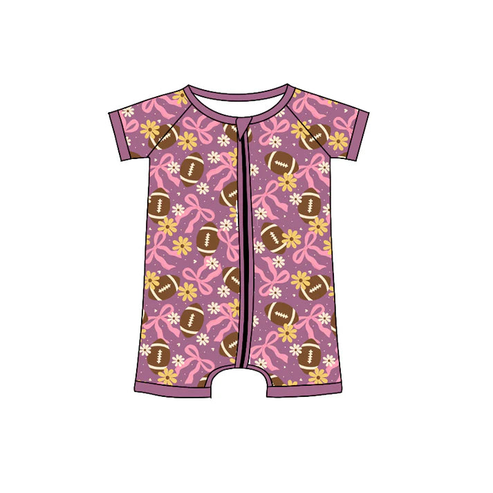 Preorder (moq 5)Baby Girls Pink Bows Footballs Flowers Team Zipper Shorts Rompers 12.6