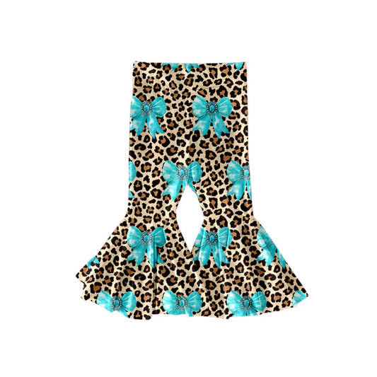 Preorder(moq 5) Baby Girls Blue Turquoise Bows Leopard Western Ruffle Bell Bottom Pants 11.14