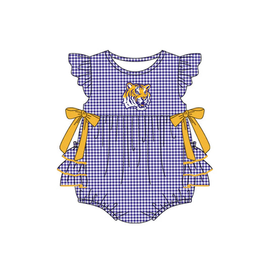 Preorder moq 5 Baby Girls Purple Plaid Flutter Sleeves Bows Tigers Team Rompers 7.10