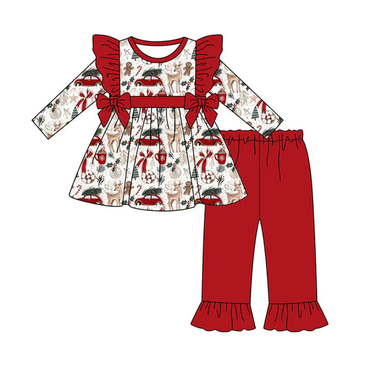 Preorder (moq 5)Baby Girls Long Sleeves Deer Gingerbread Bows Tunic Ruffle Pants Set 7.29