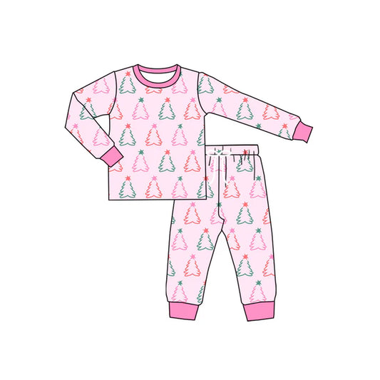 Preorder (moq 5)Baby Girls Long Sleeves Pink Stars Trees Top Pant Pajamas Set 5.20