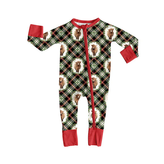Preorder(moq 5)Baby Infant Boys Highland Cows Holly Plaid Christmas Zipper Rompers 8.4