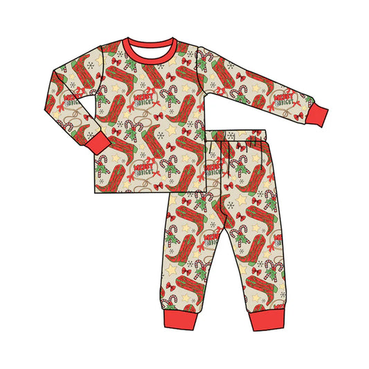 Preorder (moq 5)Baby Kids Long Sleeves Red Boots Candy Cane Top Pant Pajamas Set 5.21
