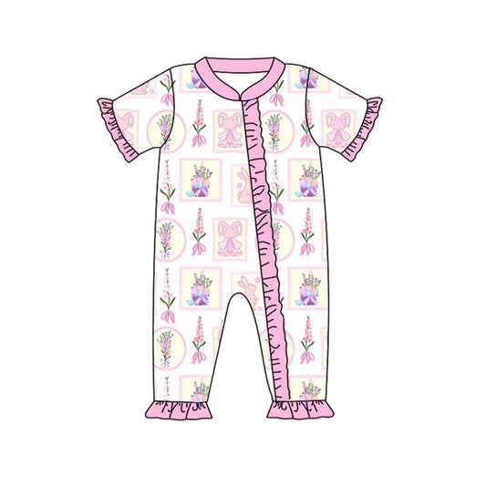 Preorder (moq 8)Baby Girls Flowers Rabbits Checked Easter Ruffle Zipper Footie Rompers 9.17