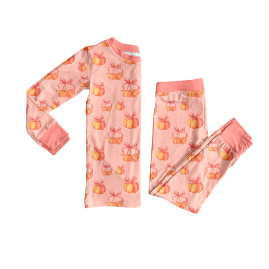 Preorder (moq 5)Baby Girls Long Sleeves Bows Pumpkins Plaid Top Pants Pajamas Set 7.1