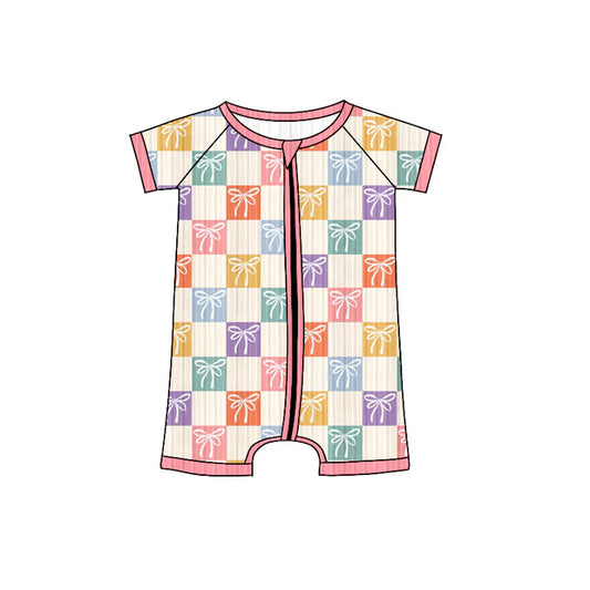 Preorder (moq 5)Baby Girls Short Sleeves Colorful Bows Plaid Ribbed Zipper Rompers 6.3