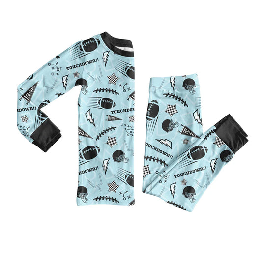 Preorder (moq 5)Baby Boys Blue Footballs Stars Top Pants Team Pajamas Sets 9.4