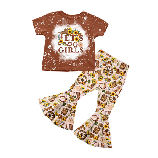 Preorder (moq 5)Baby Girls Brown Short Sleeves Let's Go Girls Top Boots Bell Bottom Pant Set 5.12