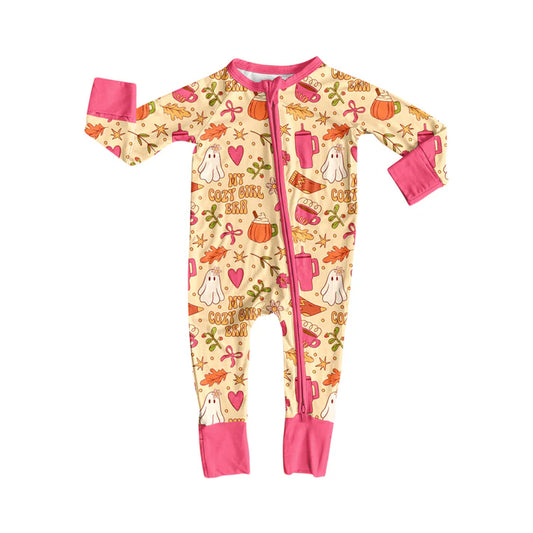 Preorder(moq 5)Baby Girls Pink Bows Ghosts Halloween Zipper Footie Rompers 8.15