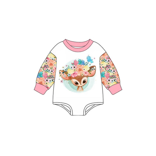 Preorder (moq 5)Baby Girls Pink Long Sleeves Flowers Deer Birds Romper 7.2